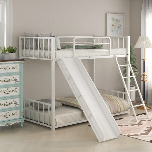 Ladder Metal Bunk Bed With Guardrails, Rose Gold Bunk Bed