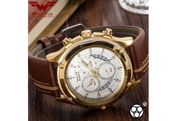 WOLF-CUB Sport Chronograph Mens Watches Gold White Casual Leather  Waterproof Date Quartz Watch Man Clock Relogio Masculino | Wish