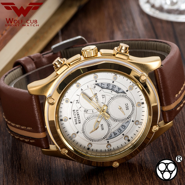 WOLF CUB Sport Chronograph Mens Watches Gold White Casual Leather Waterproof Date Quartz Watch Man Clock Relogio Masculino