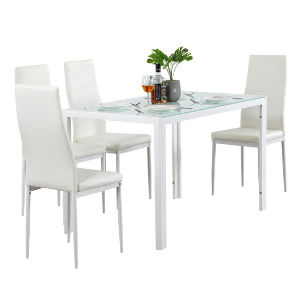 120 70 75cm Simple Assembled Tempered Glass Iron Dinner Table White With 4pcs Elegant Stripping Texture High Backrest Dining Chairs Wish - Iron Table And Chairs White 120 70 75cm Simple Assembled Tempered Glass Iron Dinner Table White With 4pcs Elegant Stripping Texture High Backrest Dining Chairs Wish - Iron Table And Chairs White