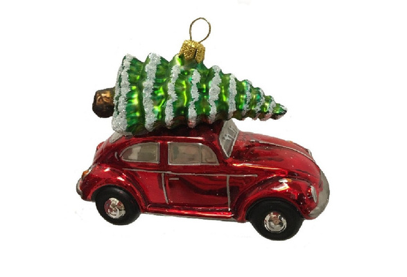 Red Volkswagen Beetle Car with Tree Polish Glass Christmas Ornament VW Bug