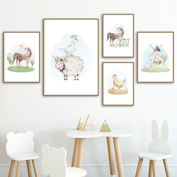 Wall Art Canvas Painting Nordic Cartoon Sheep Horse Duck Chicken Posters  Nursery Prints Pictures Baby Kids Room Wall Home Decor Gifts | Wish