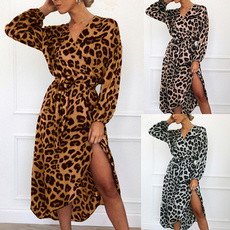 Plus Size, Long Sleeve, Dress, Leopard
