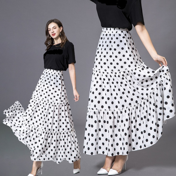 Summer Ladies Maxi Skirt Dress High Waist Polka Dots Maxi Skirt Women  Casual Elegant Long Skirt Women Wave Point Pleated Skirt