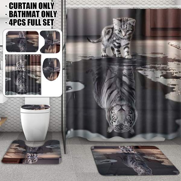 Reflection 3d Cat Tiger Printed Bathroom Shower Curtain 3 Piece Toilet Mats Rugs Decoration Wish