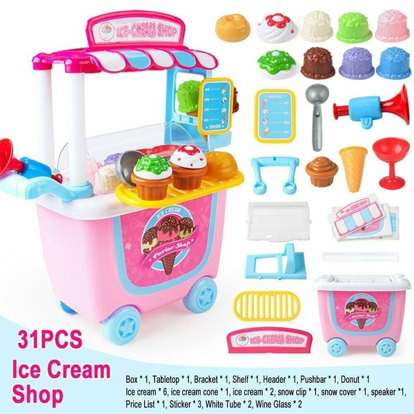 Cute Kids Simulation Ice Cream Shop Dresser Cart Pretend Toy Set Role play Gift 
