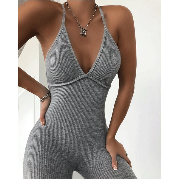 solid ribbed open back sleeveless jumpsuit