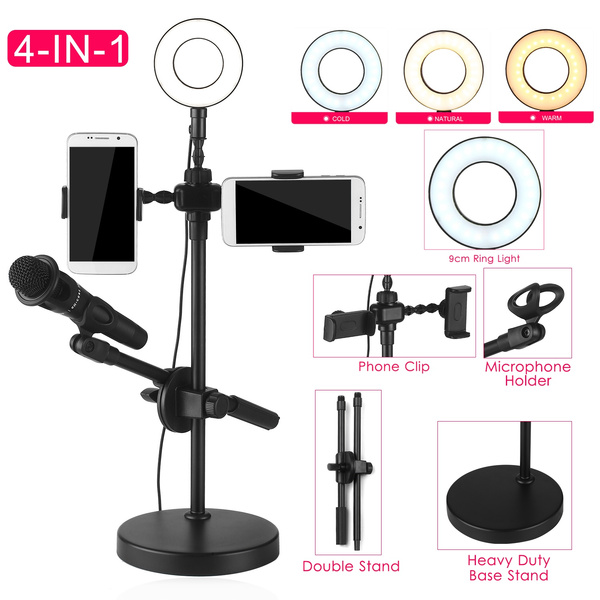 Video Chat 3 in 1 Live Broadcast Stand with Dual Phone Holders & Microphone Holder Cell Phone Holder with Selfie Ring Light for Live Stream/Makeup