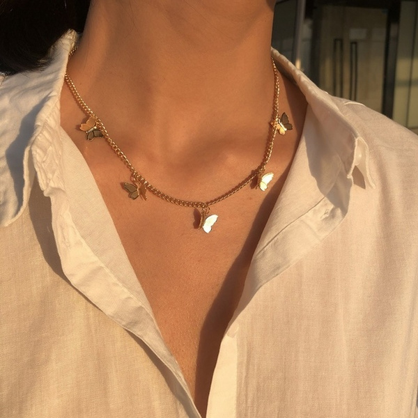 Silver Butterfly choker Necklace For Women - Silver Chain Neck Statement  Collar Chains Choker Shining Female Choker Jewelry