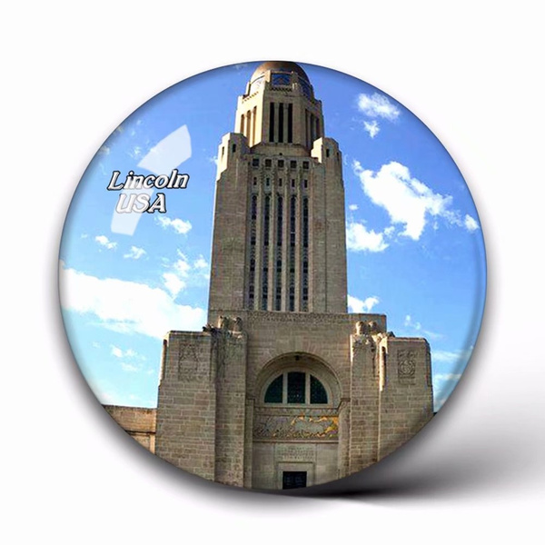 USA America Lincoln Nebraska State Capitol Fridge Magnets Clear Crystal Glass for Refrigerator City Travel Souvenirs Funny Whiteboard Home Decorative Sticker Collection Gifts Round Magnet