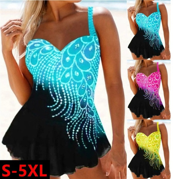 Plus Size Ladies Contrast Color Patchwork Halter Swimsuit with Padded ...
