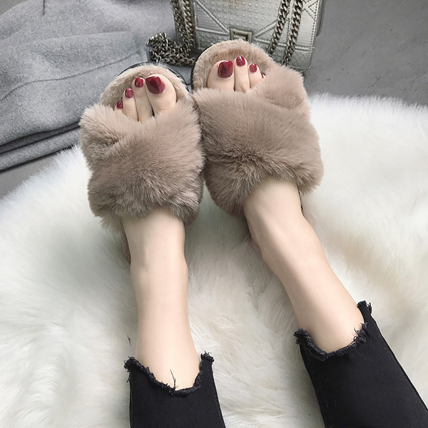Women Fluffy Fur Sliders Slippers Ladies Slip On Flat Sandals Mules Casual Shoes