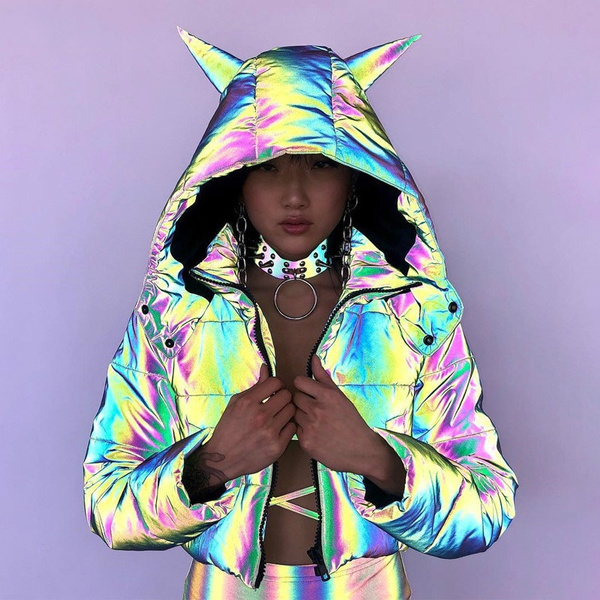 Rainbow Reflective Warm Jacket Women's Coat 2019 Fall Winter Hooded Short  Jacket Top Mujer Neon Casual Jacket