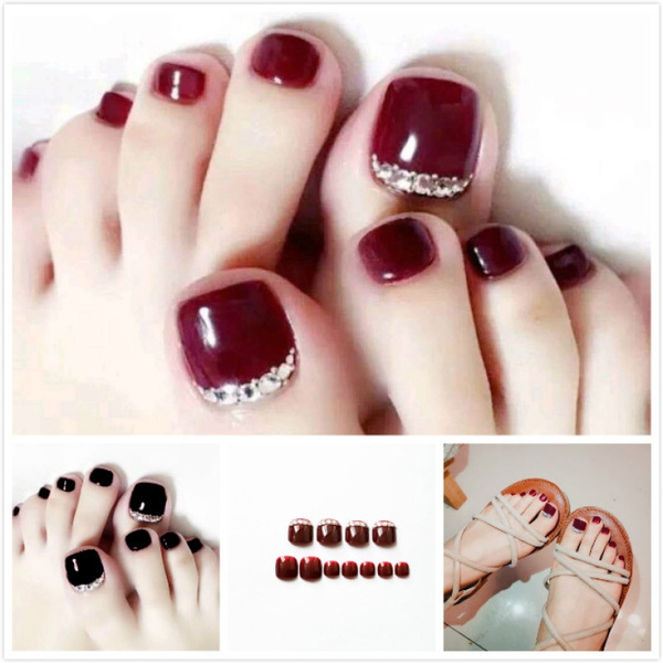 24pcs Artificial Acrylic Crystal Toe False Nails Tips Natural Nude French Foot Fake Nails Manicure Art Decoration False Nail Patch Wish