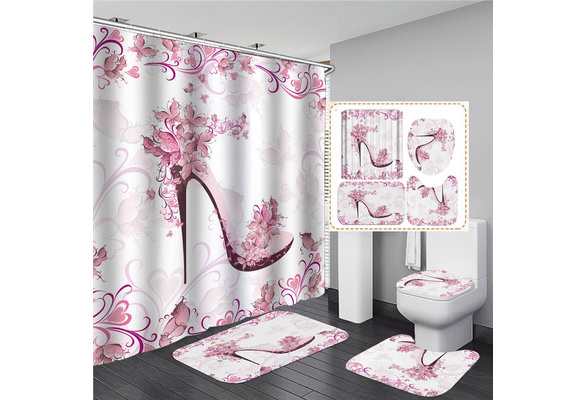 Pink High-heeled Shoes Shower Curtain Bath Mat Toilet Seat Lid Cover Rug Set