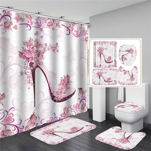 Pink High Heeled Shoes Bathroom Shower Curtain Bath Mat Toilet Lid Cover Rug Set 