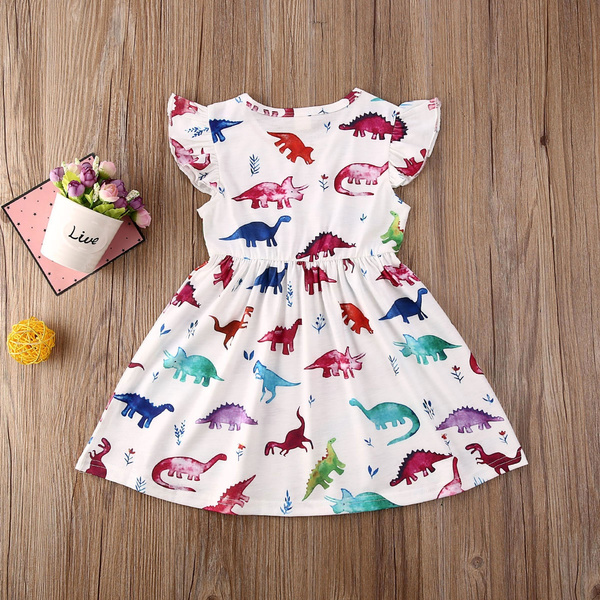 Summer Fashion Toddler Kids Girl Dinosaur Printed Summer Baby Clothing Dress 