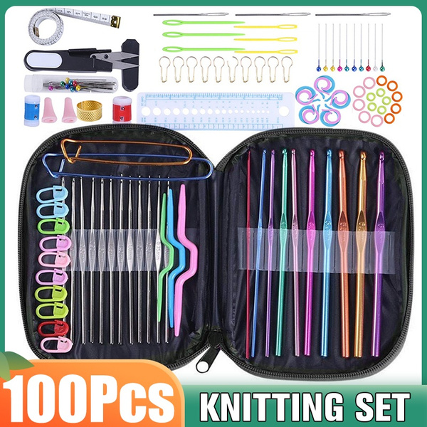 100Pcs/Set Practical 100 PV Bag Multi Stainless Steel Needles Crochet Hooks  Set Knitting Needle Tools With Case Yarn Craft Kit