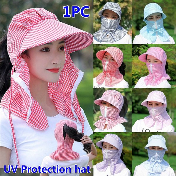 New Women Sun Hat Multifunction Anti-UV Summer Hat Striped Wide Brim Brim  Hat Women Neck Protection Cap Riding Hunting Hat