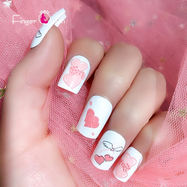 24pcs Cupid Girl Long Ballerina False Nails Pink Blue Coffin Shaped Fake Nails Finger Beauty Nail Art Kit Manicure Wish