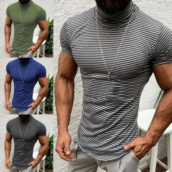 Mens Slim Fit Short Sleeve T Shirt Muscle Fitted Top Gym Tee Striped ...