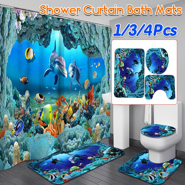 4Pcs/Set Sea Ocean Dolphin Shower Curtain Waterproof Toilet Seat Cover Mat 