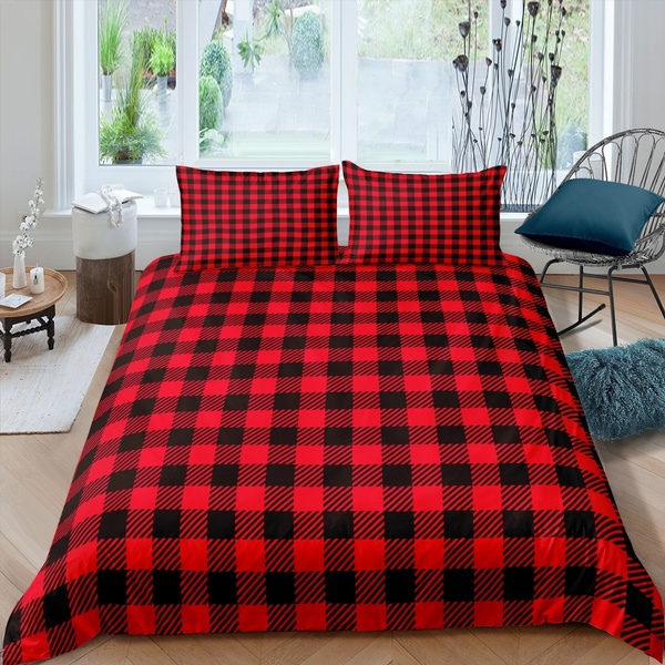 Grid Bedspread Mordern Quilt Cover, Red And Black Buffalo Check Bed Set