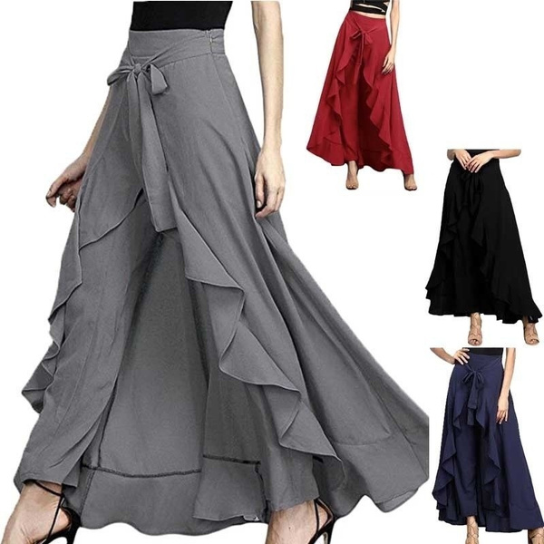 Buy Nayo Taupe Solid Ruffled A Line Maxi Skirt With Attached Trousers -  Skirts for Women 2382203 | Myntra