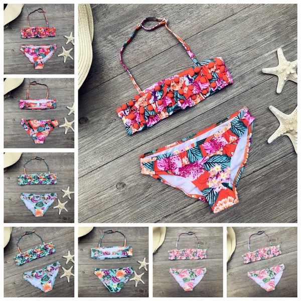 Summer Child Swimsuits Girls Swimwear Printed Ruffle Bikini Two Piece ...