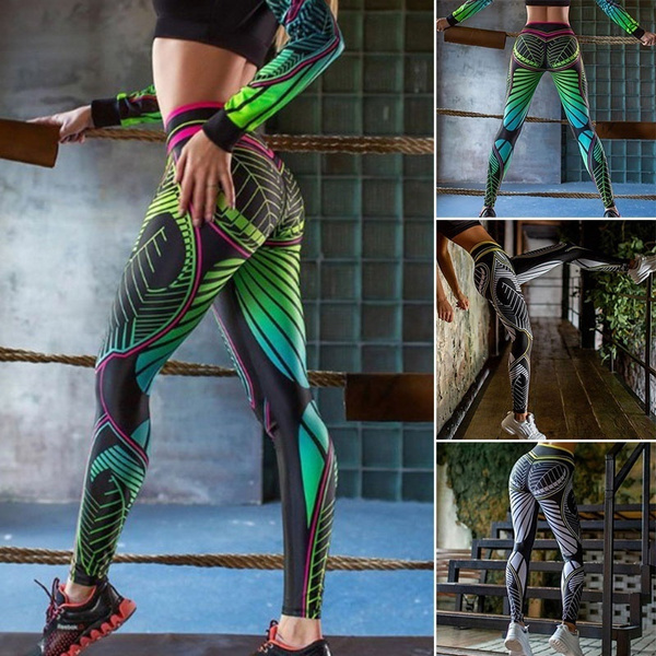 Fashion Women's Elastic Print Tights Leggings High Waist Slim Yoga Running Pants  Exercise & Fitness Leggings