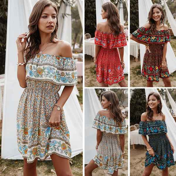 Women Boho Floral Long Dress Evening Party Beach Sundress Short Sleeve  Strapless Long Skirt