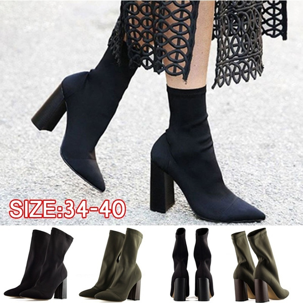 Womens Boots Pointed Toe Ankle Boots Thick Heel High Heels Shoes Woman Female Socks Boots 