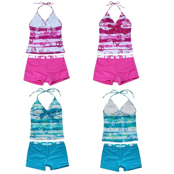 Kids Teen Girls Two-pieces Tankini Swimwear Bathing Suit Set Halter Cute  Pattern Printed Bra Tops with Shorts