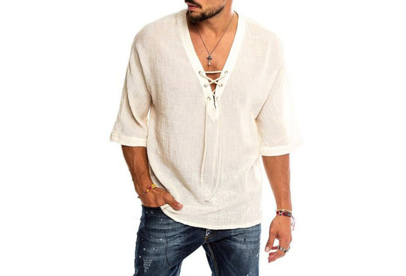 CYJ-shiba Mens Cotton V Neck Lace Up Tops Summer Short Sleeve T-Shirt Tops CYJ-shiba Mens Cotton V Neck Lace Up Tops Summer Short Sleeve T-Shirt Tops