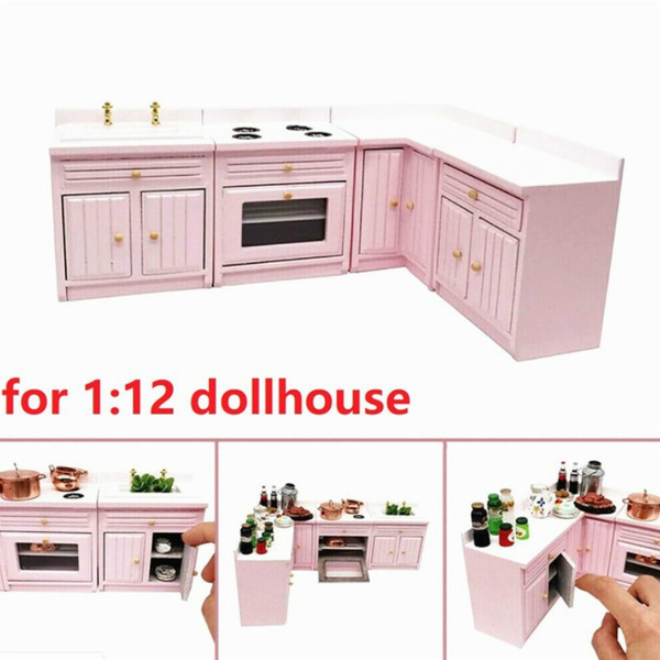 Searchyou 1/12 Scale Dollhouse Miniature Furniture Wooden Kitchen Set Wooden Sink Cooking Bench Corner Cupboard Kitchen Toy Set for Doll house