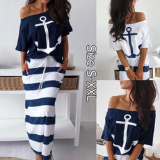offshouldestriped, long skirt, Two-Piece Suits, 2 piece dress sets