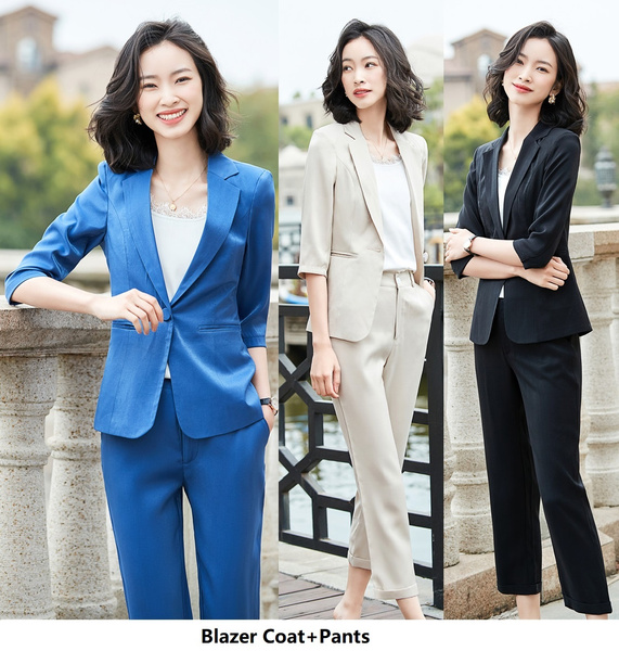 Fashion Women Office Ladies Formal Pant Suit Apricot Black Blue