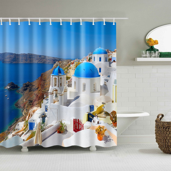 Santorini Aegean Sea Landscape Seagull Fabric Shower Curtain Set Bathroom Decor
