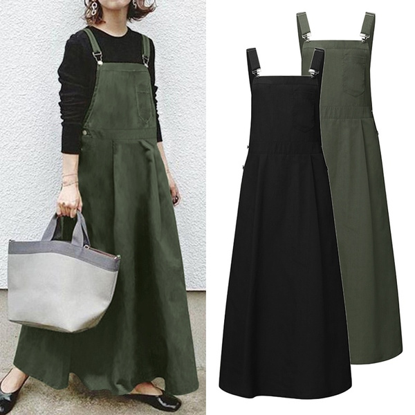 Women Sleeveless Long Dress Dungaree Solid Color Pinafore Overall Dresses  Palazzo