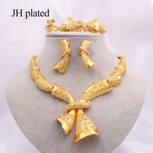 Wholesale Women Fashion Shiny Rhinestone Necklace Earrings Bracelet Ring  Bridal Jewelry Set