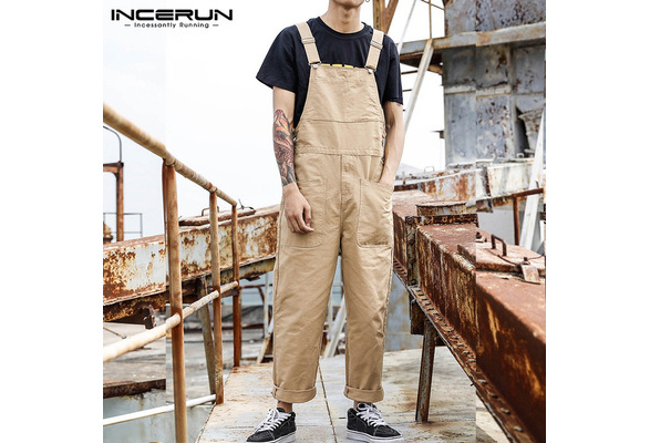 S-5XL Men Bib Cargo Pants Straight 