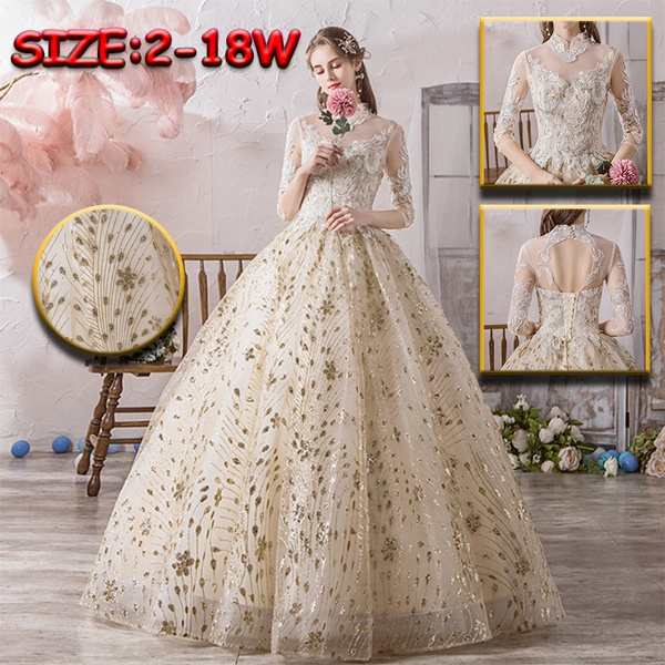 Classic Chinese Style High Neck Half Sleeve Champagne Wedding Dress Luxury Lace Embroidery Princess Ball Gown Robe De Mariee