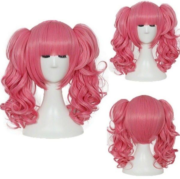 Pink Cosplay Anime Wig Short Curly Hair Lolita Cosplay Wig with 2 ...