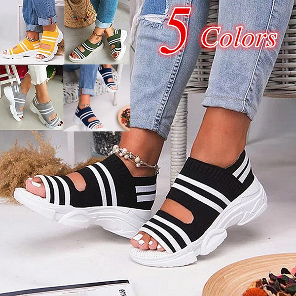 Women Thick Bottom Fish Mouth Mesh Sandals Casual Shoes Breathable Wide Elastic Band Sports Sandals Femmes Sandalias De Mujer