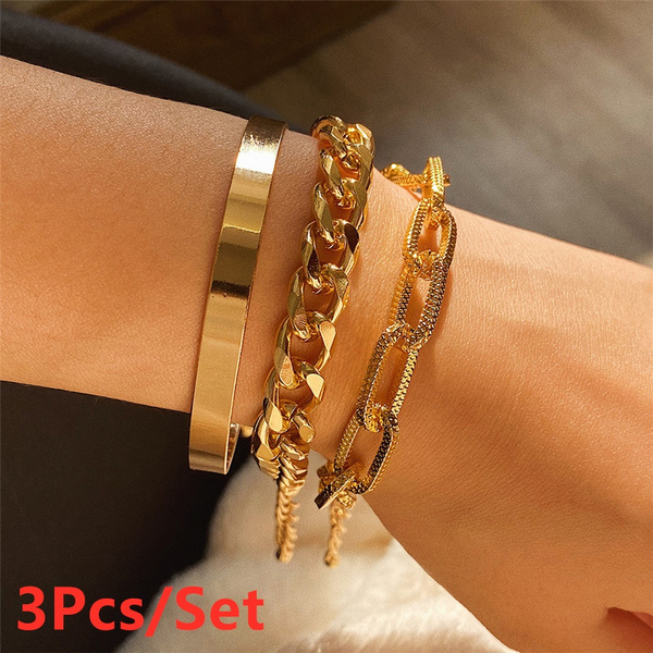 3Pcs/Set Chunky Chain Alloy Brangle Bracelet for Women Gold Wrist Chain  Bracelets Set Female Boho Statement Bracelet Jewelry