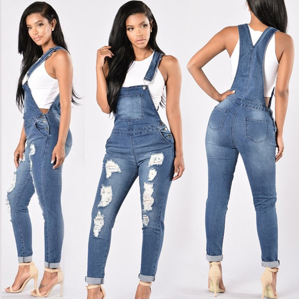 slim ripped denim overalls