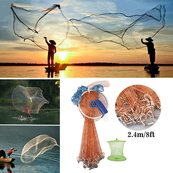 Strong Nylon Full Spread Throw Cast Net Fishing Net Dia. 2.4M Fishing Mesh  With Zinc Chain Sinker Bottom