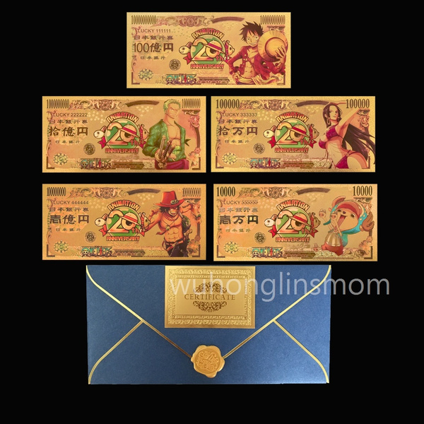 5pcs Japan Anime One Piece 20th Anniversary Banknote Luffy Zoro Chopper Robin Collection Gold Foil Banknotes Paper Money Banknote 24k 999 Gold Plated Banknote For Souvenir Gift Home Party Decoration Copy Wish