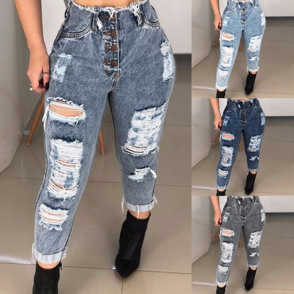 Women Ripped Jeans Pearl Decor Solid Side Slit Hem Trousers Hole Streetwear  Chic Trendy Denim Pants