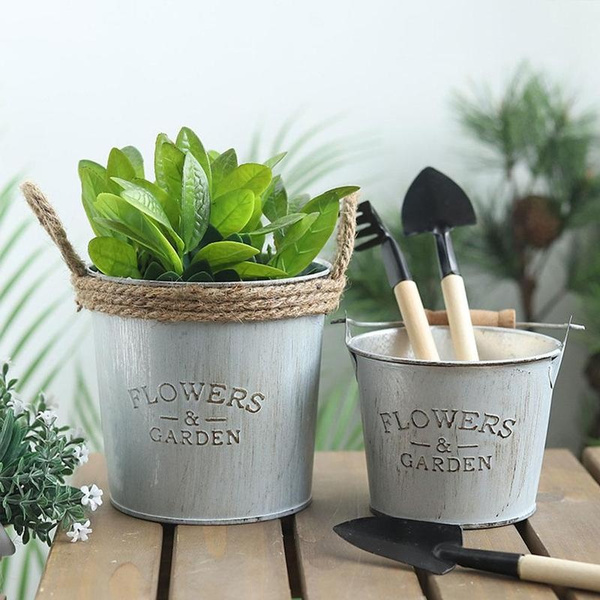 Metal Iron Flower Pot Handle Balcony Garden Plant Planter Home Storage Container Wish